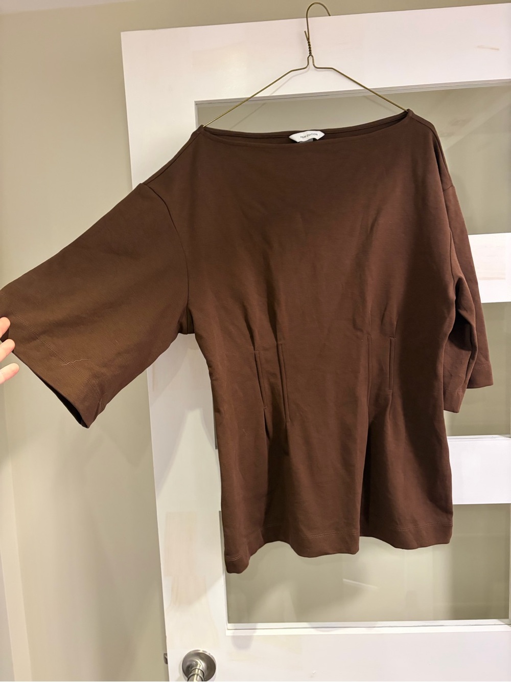 Women's Brown Short-Sleeve Peplum Boat-neck Knit Top